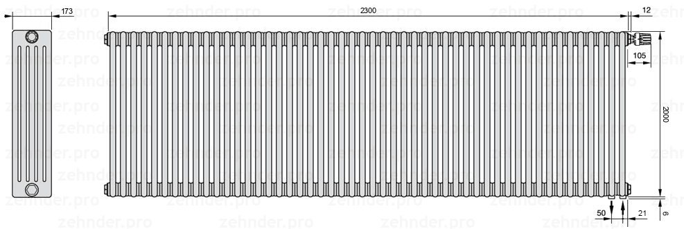 Схема (чертеж) Радиатор Zehnder Charleston 5200/50 №V002 Белый глянцевый RAL 9016